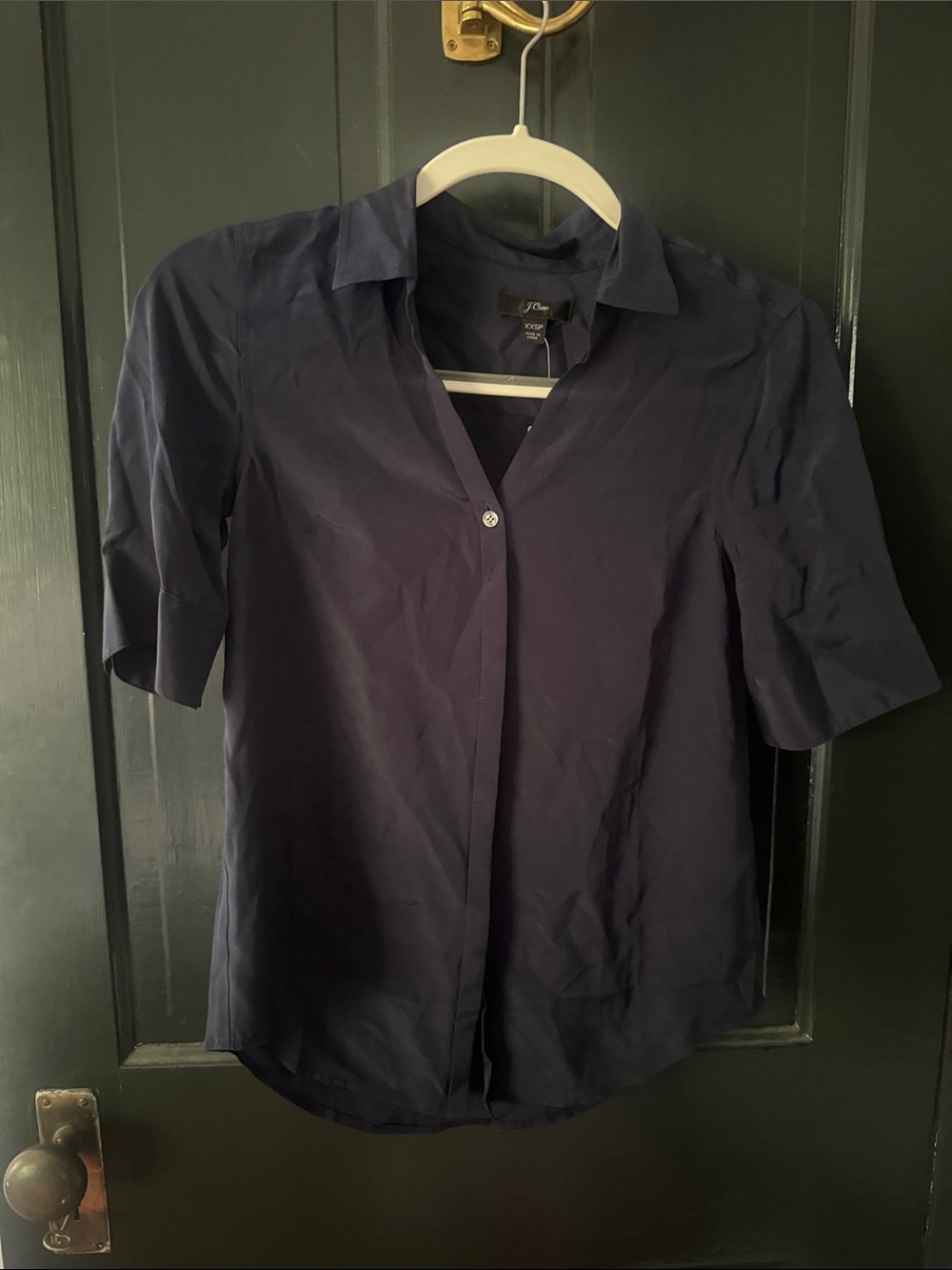NWT J. Crew 100% Silk Navy Short Sleeve Button Down Blouse XXSP